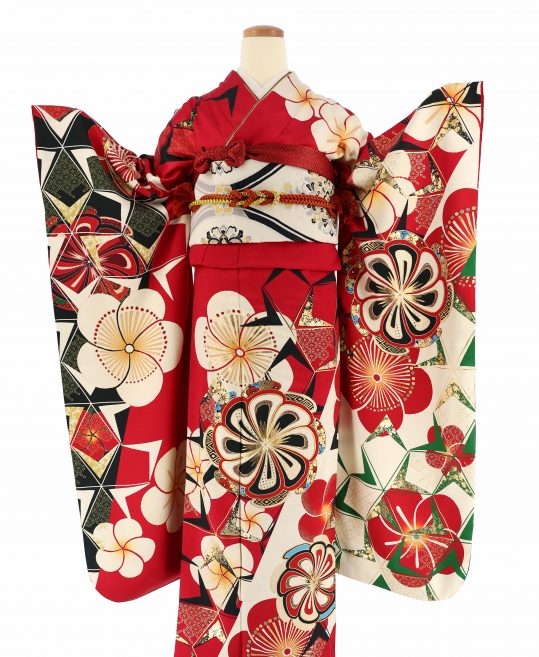 成人式振袖[NICOLE]赤にクリームのねじり梅[身長172cmまで]No.1097